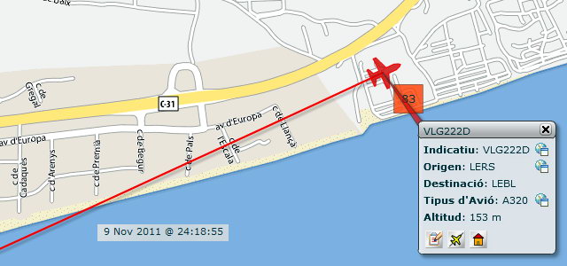 Avin aproximndose al aeropuerto de Barcelona-El Prat para aterrizar en la tercera pista, en configuracin este, sobrevolando dentro del horario nocturno y con un elevadsim impacto acstico (9 Noviembre 2011 - 00:18h)